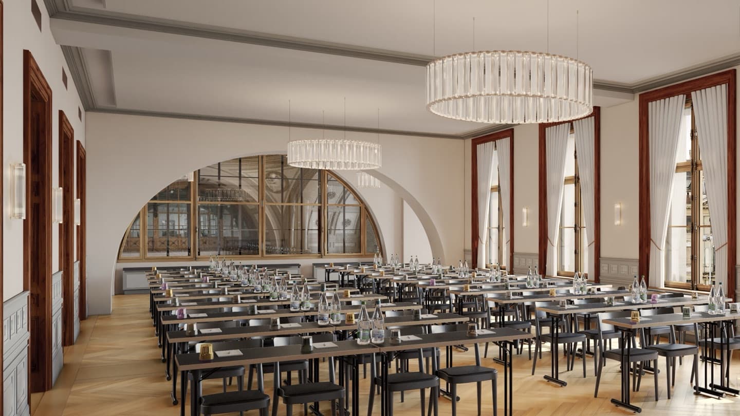 A salon at Au Premier set up classroom-style, above the concourse at Zürich Hauptbahnhof