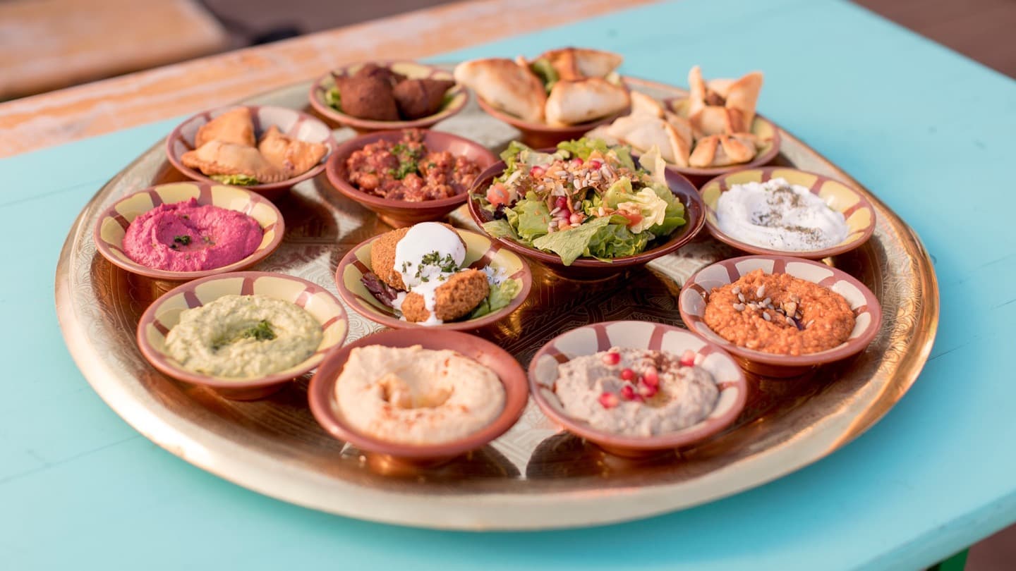 A mezze platter in the garden at Binz & Kunz