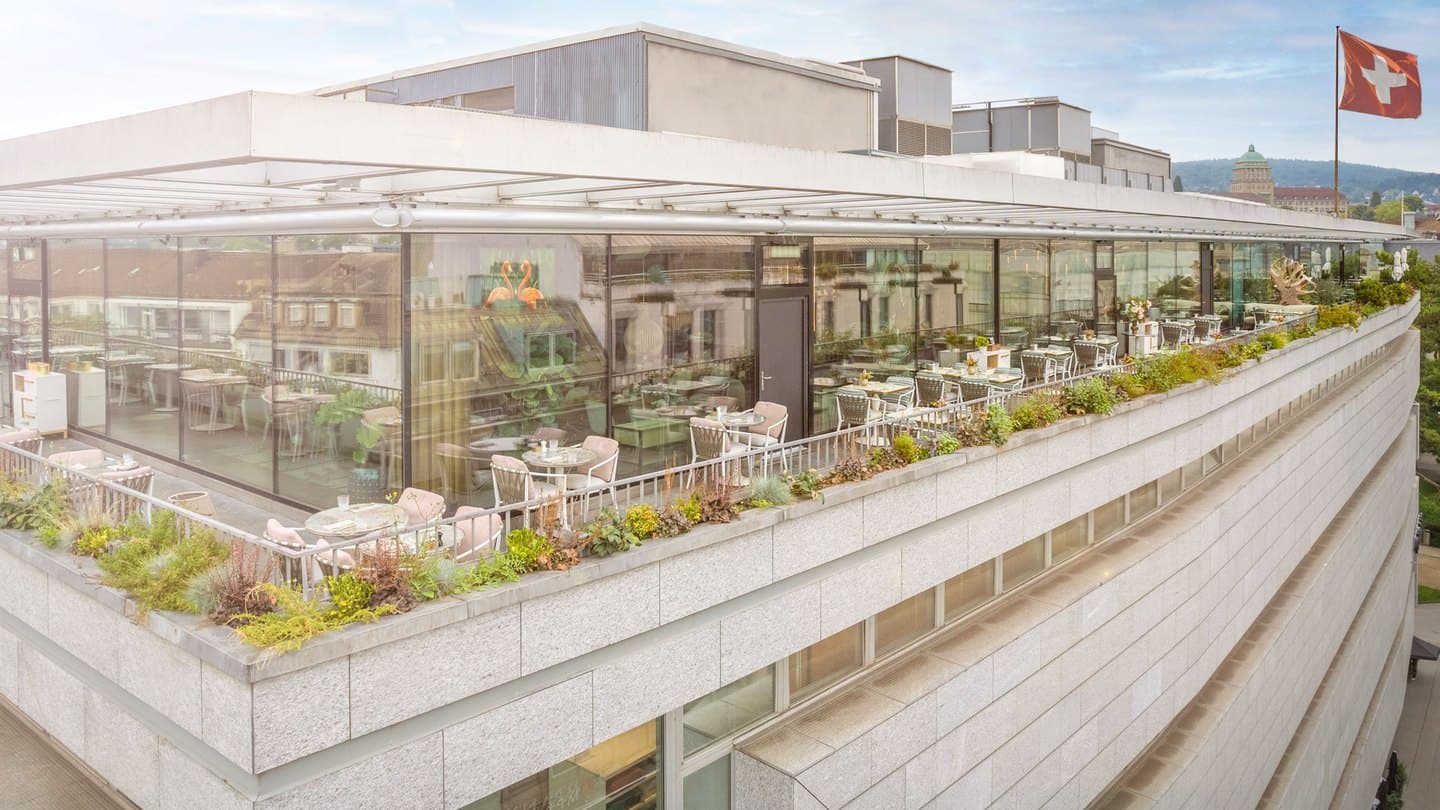 The rooftop terrace of Roof Garden Restaurant & Bar on top of Globus, Zurich