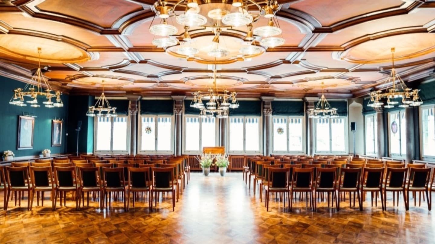 The Zunftsaal at Zunfthaus zur Saffran set up for a conference